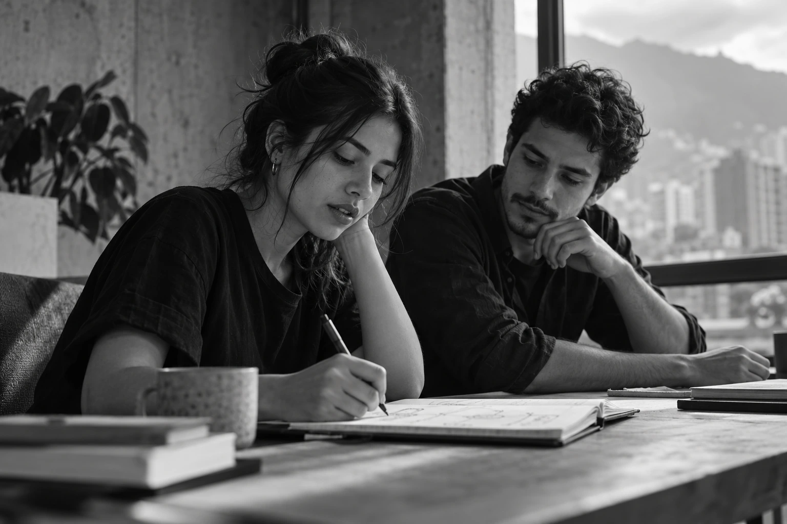 Dos personas colaboran sobre una idea en una mesa junto a la ventana