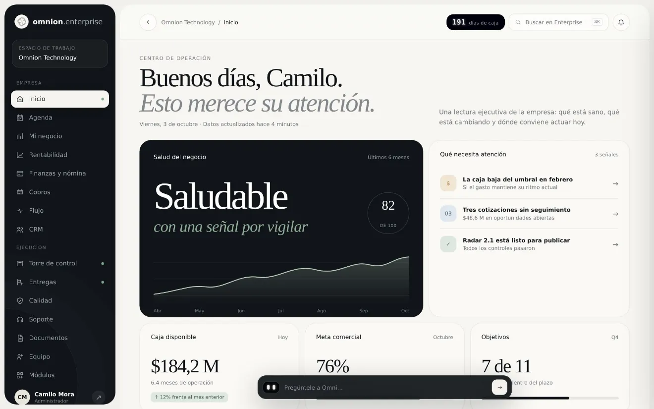 Interfaz real de Enterprise: salud del negocio, finanzas, proyectos y alertas de la operación